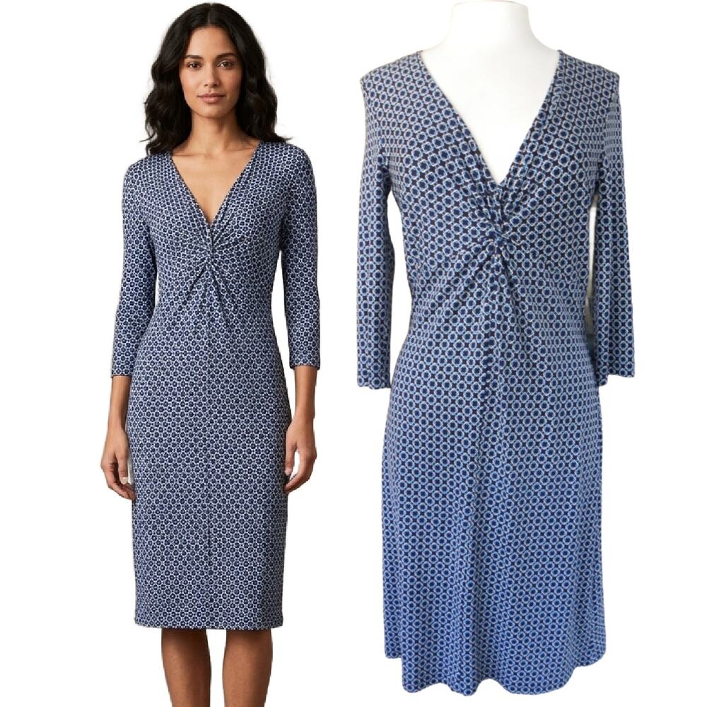 J. McLaughlin Silk Jersey Chain Print Twist Front Midi Sheath Dress Blue Medium